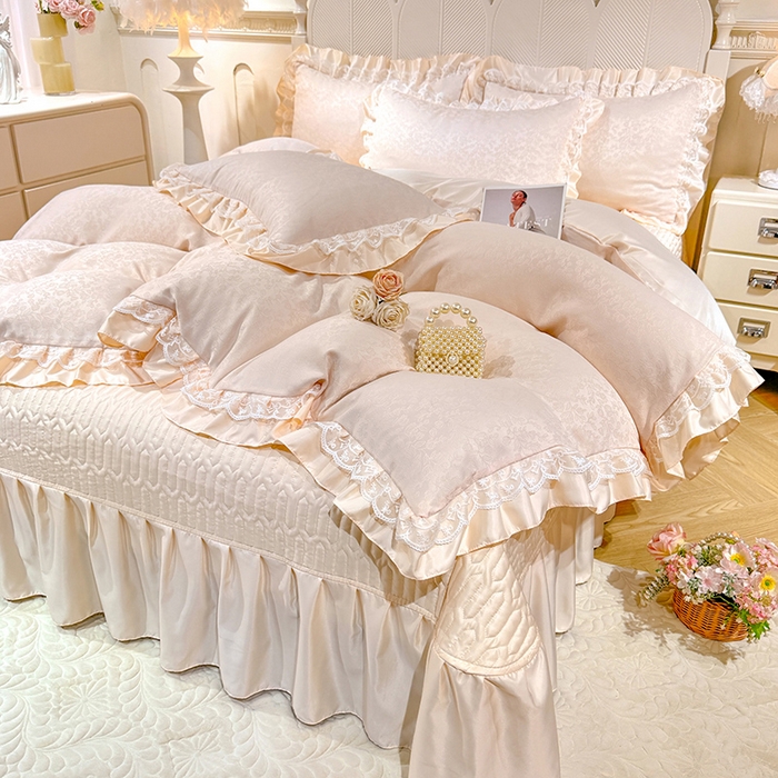 91家纺网 家纺一手货源 找家纺 优贝家纺 2026春夏新款提花水洗天丝冰丝天丝韩版夹棉床盖四件套 梵希-米白