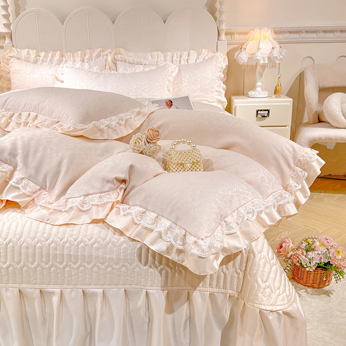 91家纺网 家纺一手货源 找家纺 优贝家纺 2026春夏新款提花水洗天丝冰丝天丝韩版夹棉床盖四件套 梵希-米白