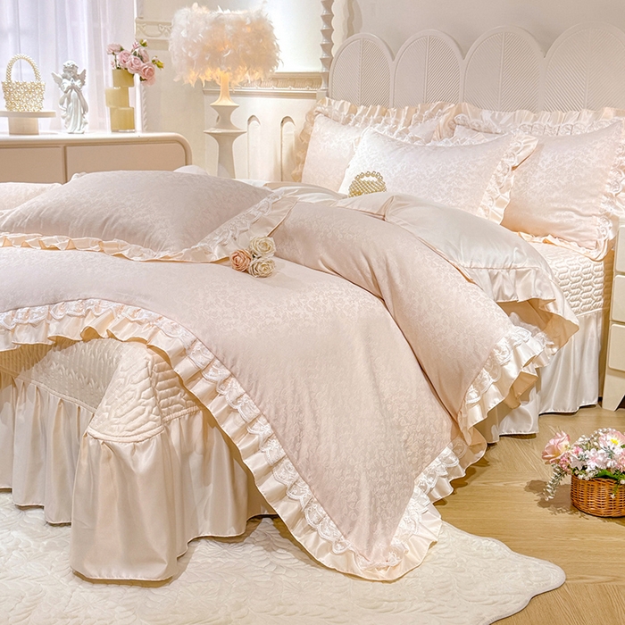 91家纺网 家纺一手货源 找家纺 优贝家纺 2026春夏新款提花水洗天丝冰丝天丝韩版夹棉床盖四件套 梵希-米白