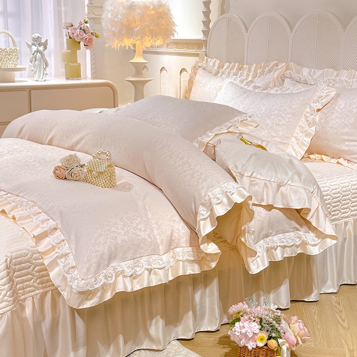 91家纺网 家纺一手货源 找家纺 优贝家纺 2026春夏新款提花水洗天丝冰丝天丝韩版夹棉床盖四件套 梵希-米白