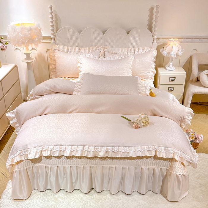 91家纺网 家纺一手货源 找家纺 优贝家纺 2026春夏新款提花水洗天丝冰丝天丝韩版夹棉床盖四件套 梵希-米白