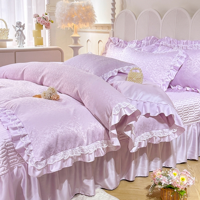 91家纺网 家纺一手货源 找家纺 优贝家纺 2026春夏新款提花水洗天丝冰丝天丝韩版夹棉床盖四件套 梵希-紫