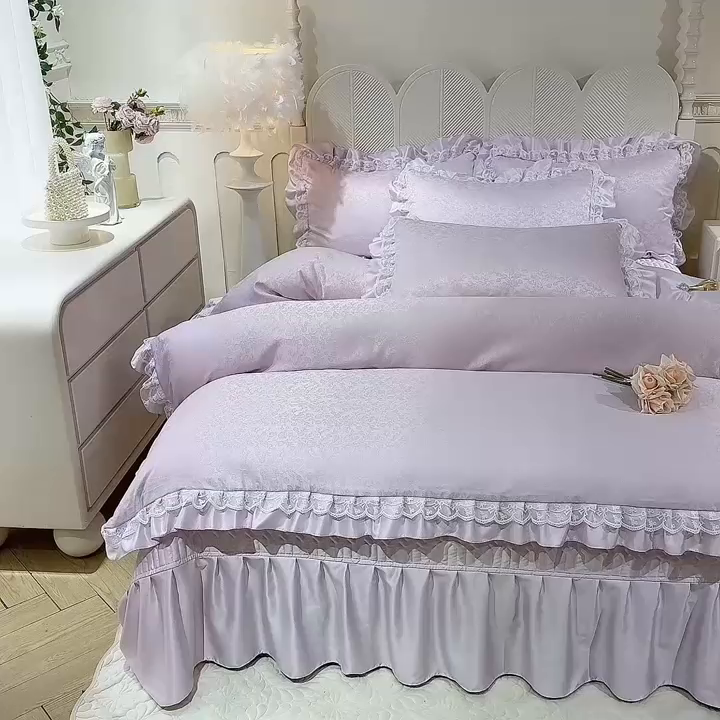 91家纺网 家纺一手货源 找家纺 优贝家纺 2026春夏新款提花水洗天丝冰丝天丝韩版夹棉床盖四件套 梵希-紫