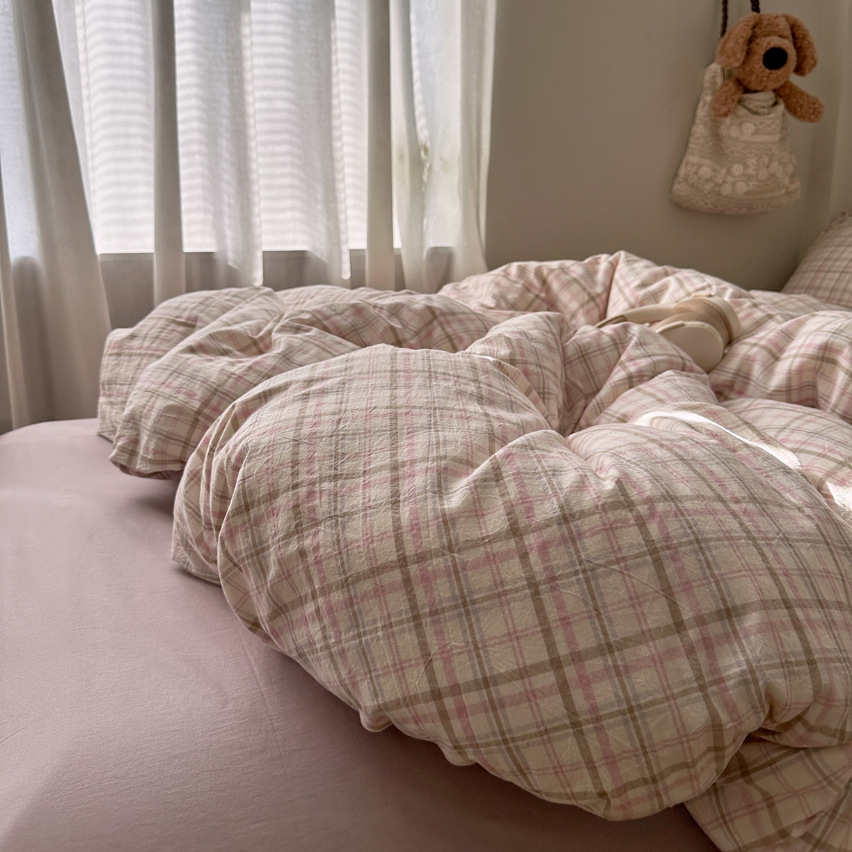 91家纺网 家纺一手货源 找家纺 （总）艾咪-Amy ntmy 2026春夏新款布标格纹款全棉纯棉色织水洗棉四件套