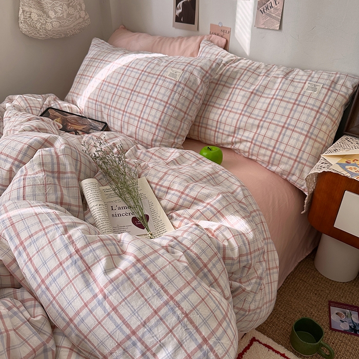 91家纺网 家纺一手货源 找家纺 （总）艾咪-Amy ntmy 2026春夏新款布标格纹款全棉纯棉色织水洗棉四件套