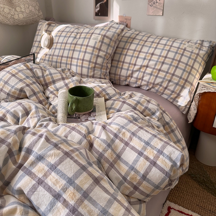 艾咪-Amy ntmy 2026春夏新款布标格纹款全棉纯棉色织水洗棉四件套 布标款-暮紫