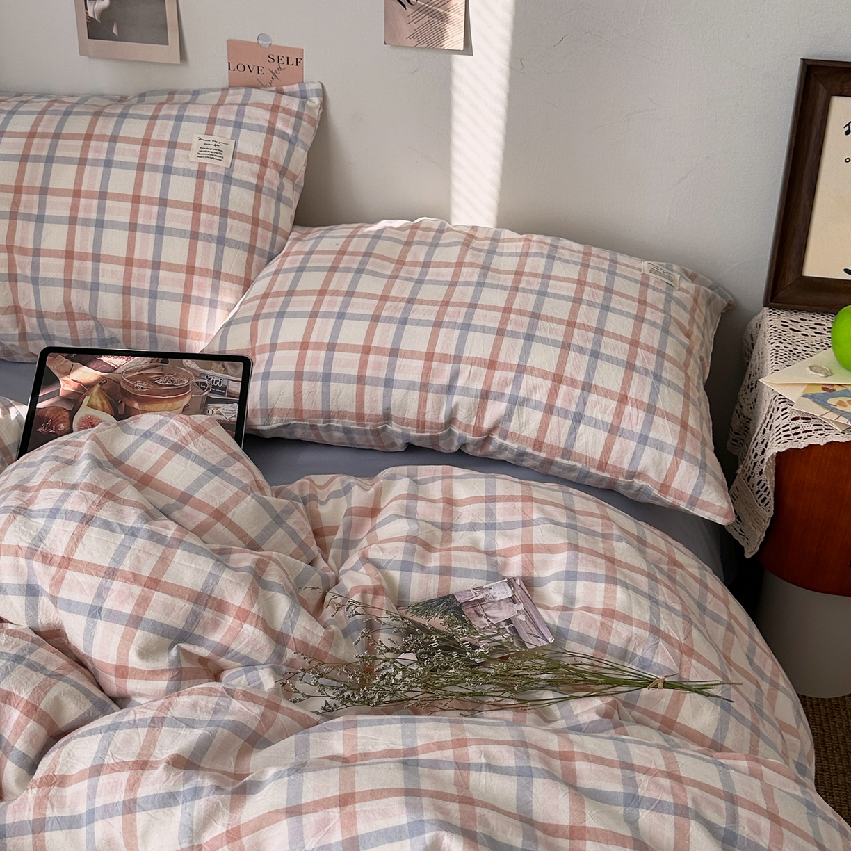 91家纺网 家纺一手货源 找家纺 艾咪-Amy ntmy 2026春夏新款布标格纹款全棉纯棉色织水洗棉四件套 布标款-简调