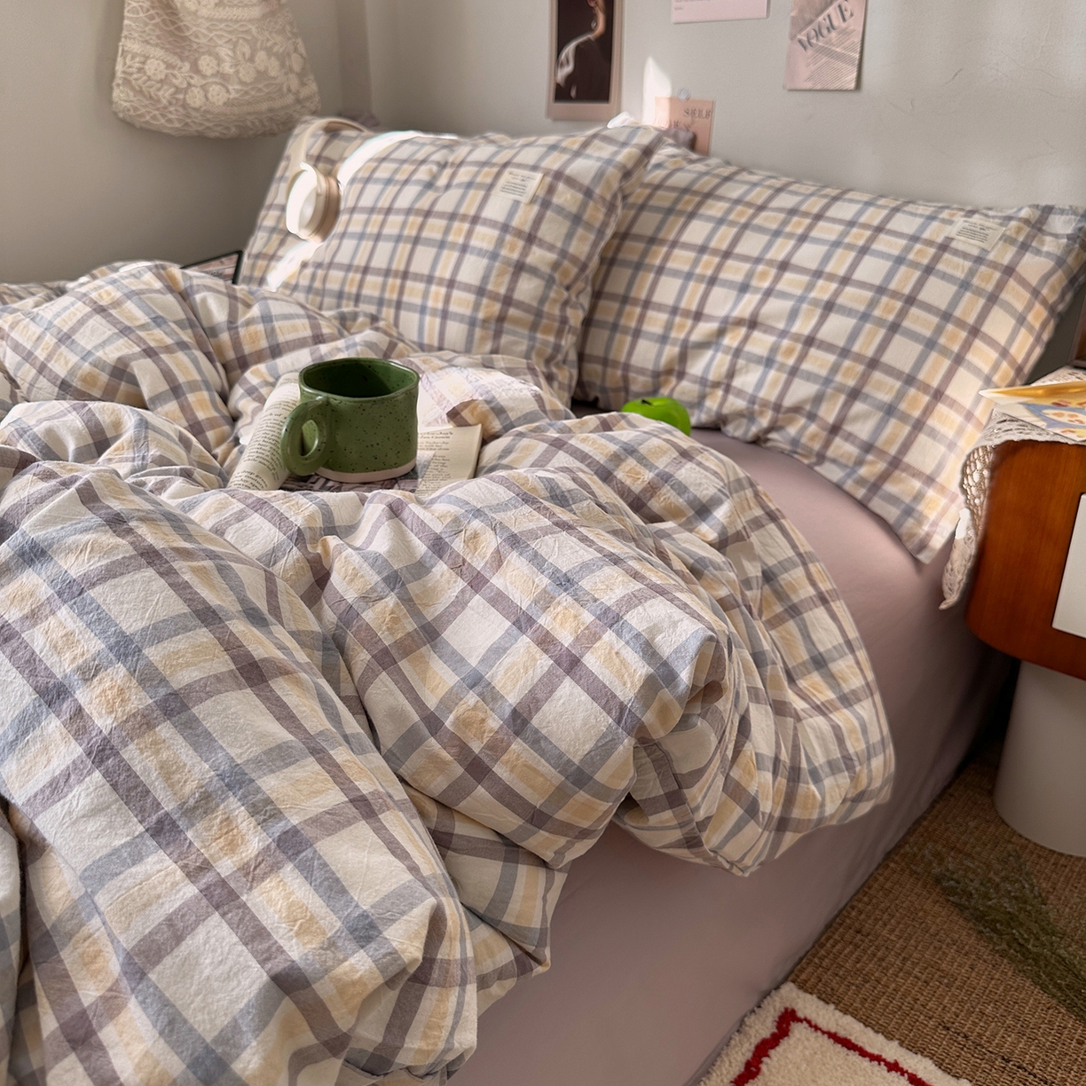 91家纺网 家纺一手货源 找家纺 艾咪-Amy ntmy 2026春夏新款布标格纹款全棉纯棉色织水洗棉四件套 布标款-暮紫