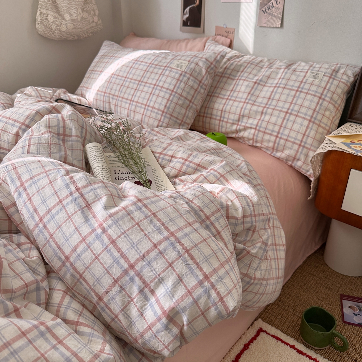 91家纺网 家纺一手货源 找家纺 艾咪-Amy ntmy 2026春夏新款布标格纹款全棉纯棉色织水洗棉四件套 布标款-悦粉