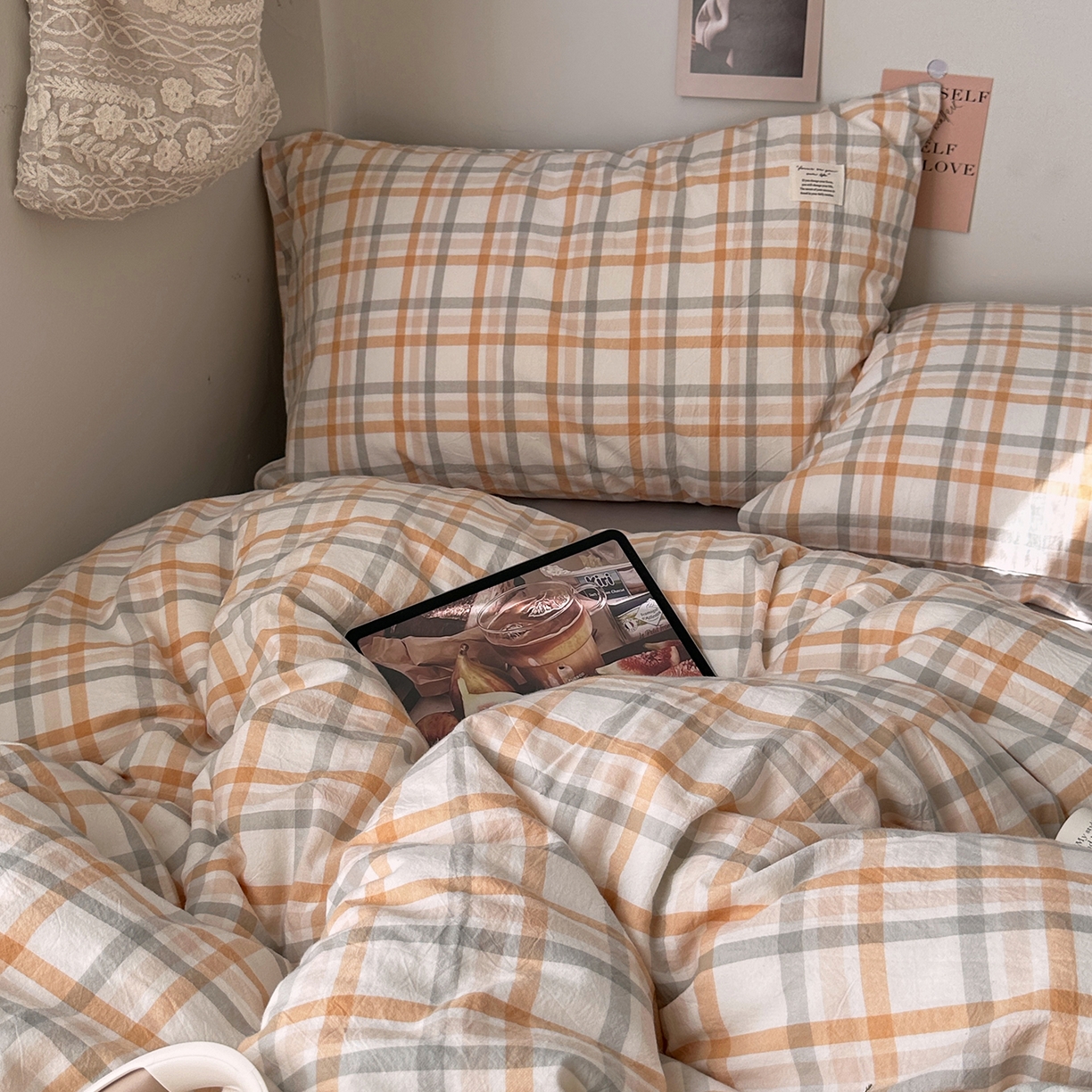 91家纺网 家纺一手货源 找家纺 艾咪-Amy ntmy 2026春夏新款布标格纹款全棉纯棉色织水洗棉四件套 布标款-暖调