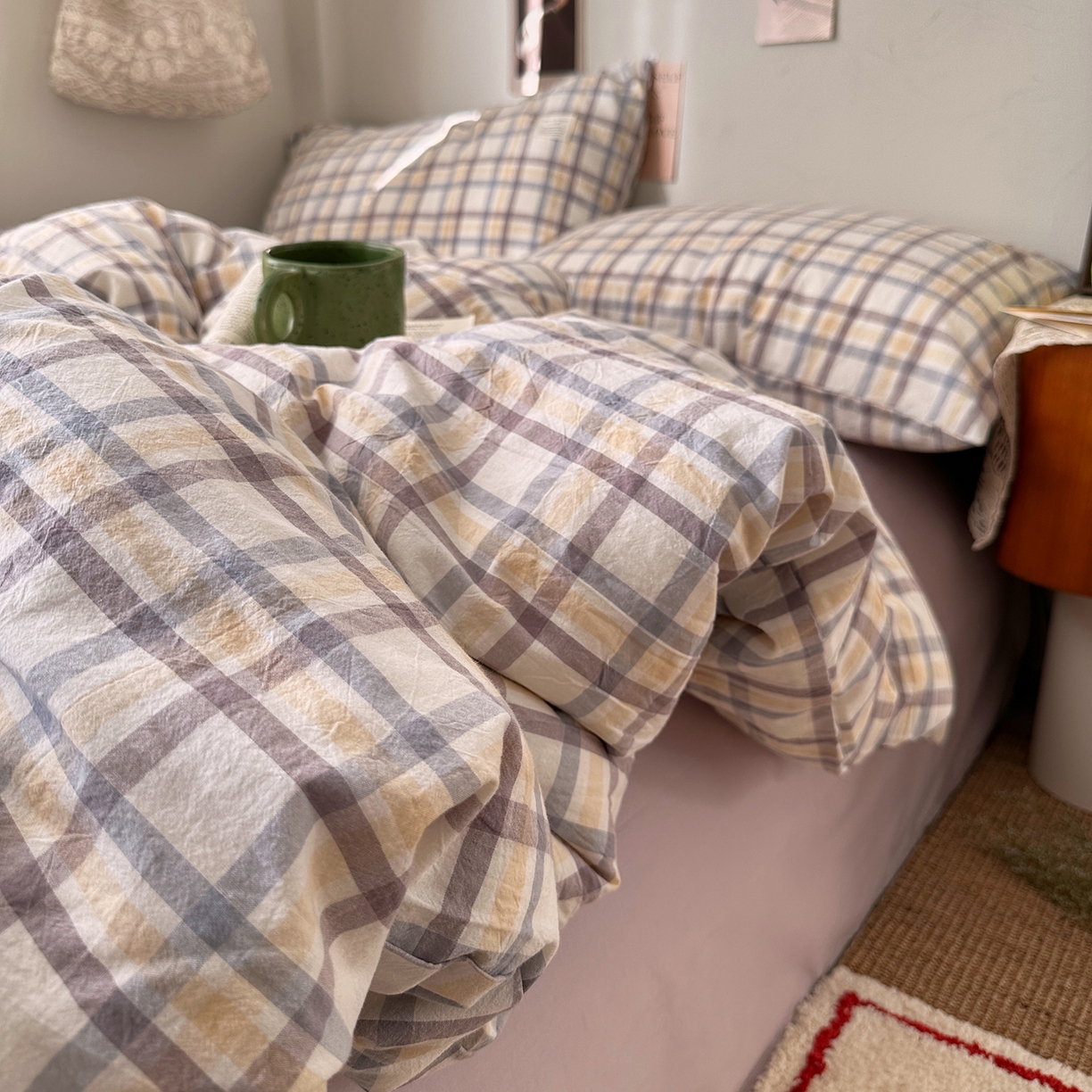 91家纺网 家纺一手货源 找家纺 艾咪-Amy ntmy 2026春夏新款布标格纹款全棉纯棉色织水洗棉四件套 布标款-暮紫