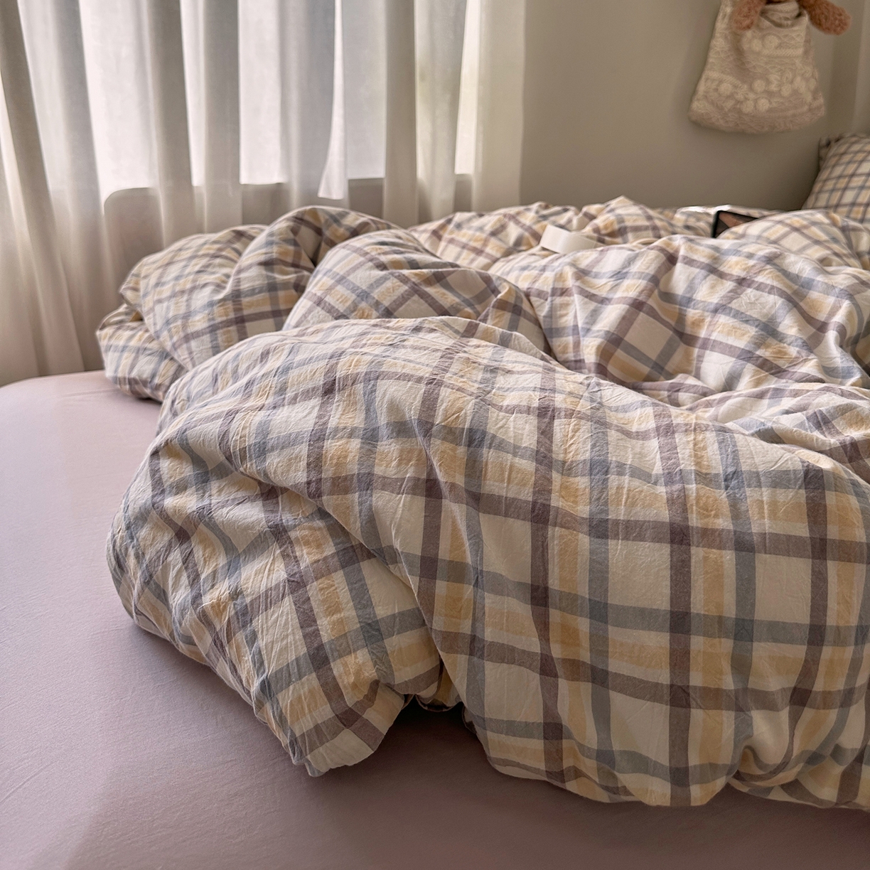 91家纺网 家纺一手货源 找家纺 艾咪-Amy ntmy 2026春夏新款布标格纹款全棉纯棉色织水洗棉四件套 布标款-暮紫