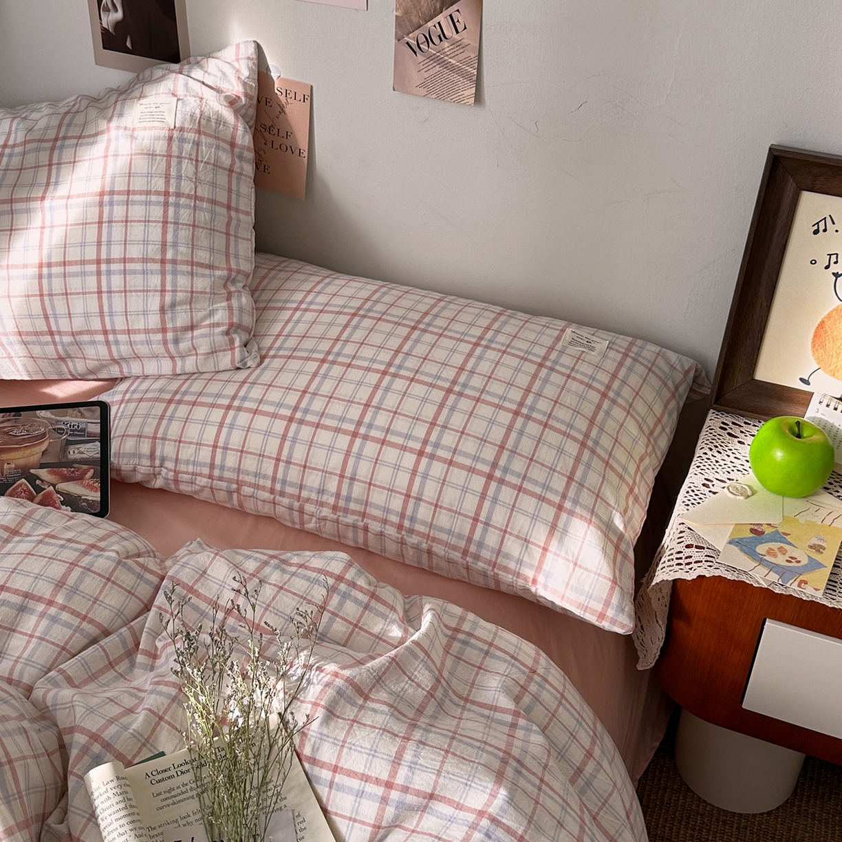 91家纺网 家纺一手货源 找家纺 艾咪-Amy ntmy 2026春夏新款布标格纹款全棉纯棉色织水洗棉四件套 布标款-悦粉