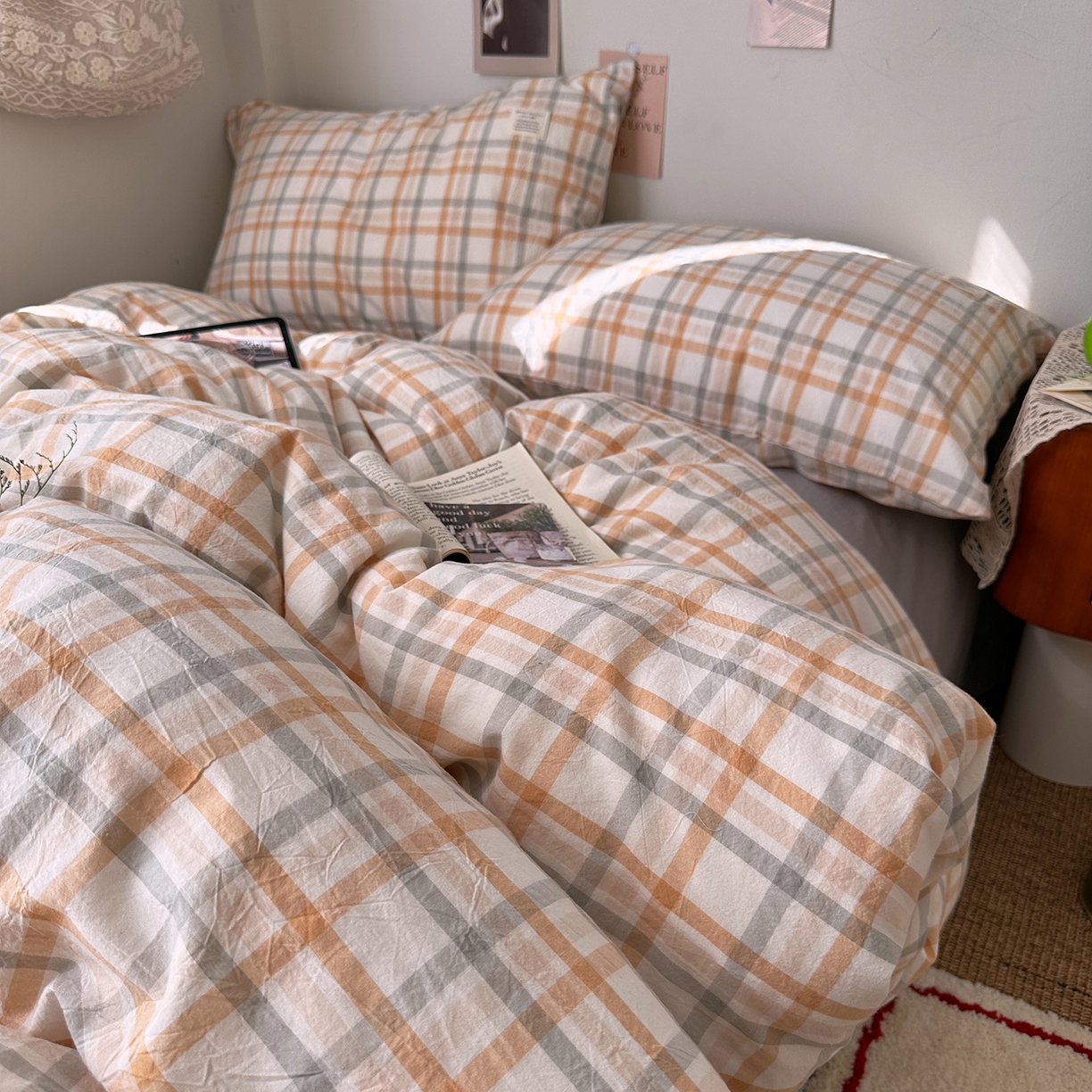 91家纺网 家纺一手货源 找家纺 艾咪-Amy ntmy 2026春夏新款布标格纹款全棉纯棉色织水洗棉四件套 布标款-暖调