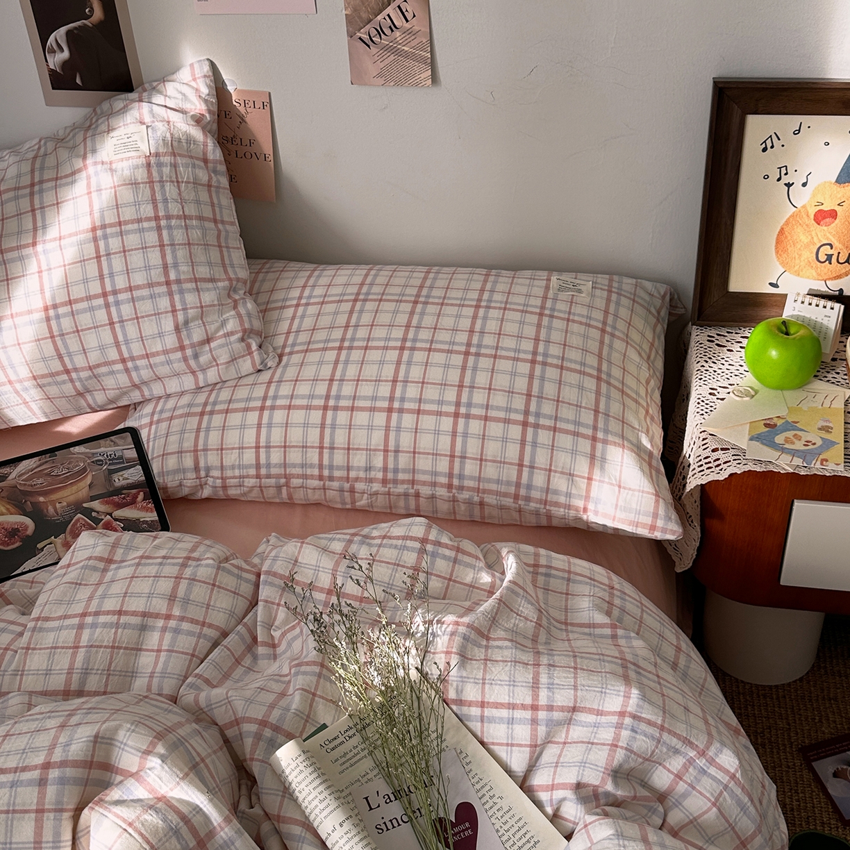 91家纺网 家纺一手货源 找家纺 艾咪-Amy ntmy 2026春夏新款布标格纹款全棉纯棉色织水洗棉四件套 布标款-悦粉