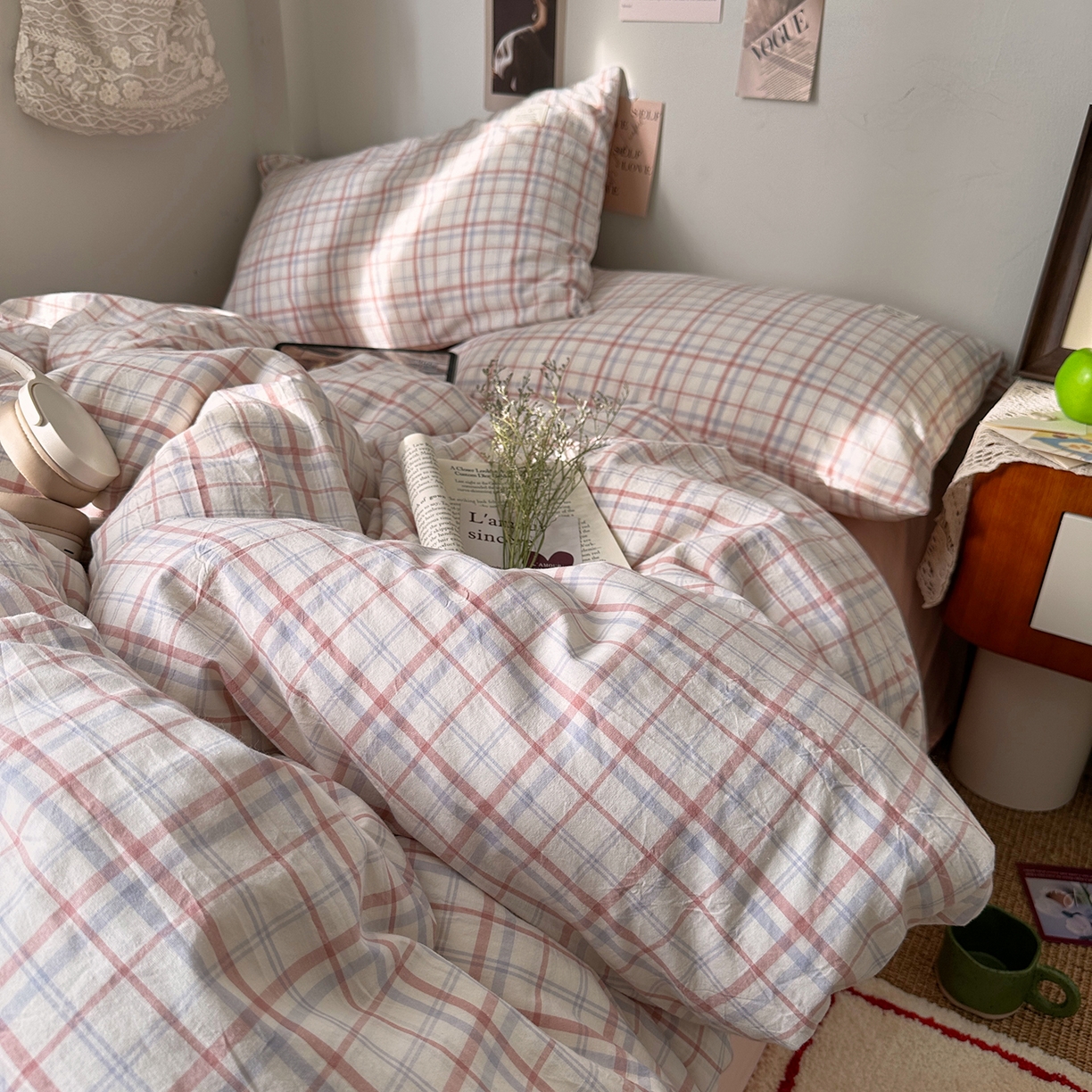 91家纺网 家纺一手货源 找家纺 艾咪-Amy ntmy 2026春夏新款布标格纹款全棉纯棉色织水洗棉四件套 布标款-悦粉