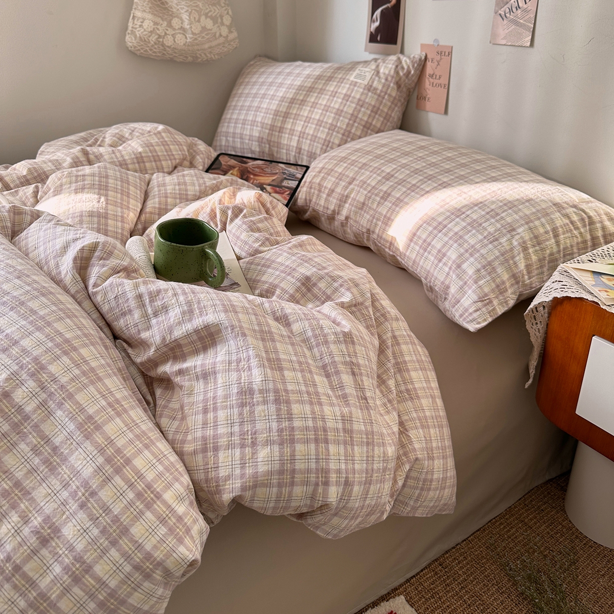 91家纺网 家纺一手货源 找家纺 艾咪-Amy ntmy 2026春夏新款布标格纹款全棉纯棉色织水洗棉四件套 布标款-浅野