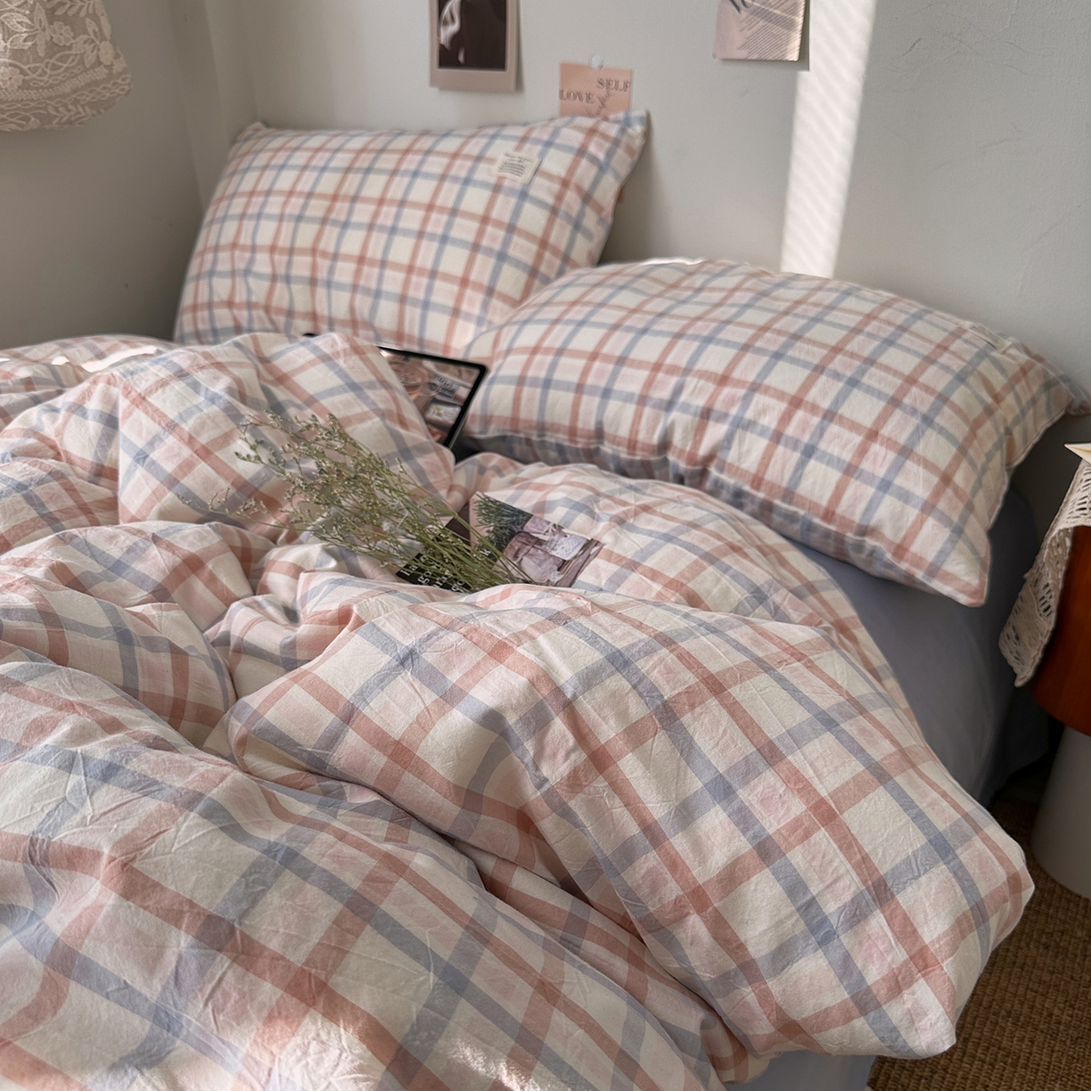 91家纺网 家纺一手货源 找家纺 艾咪-Amy ntmy 2026春夏新款布标格纹款全棉纯棉色织水洗棉四件套 布标款-简调