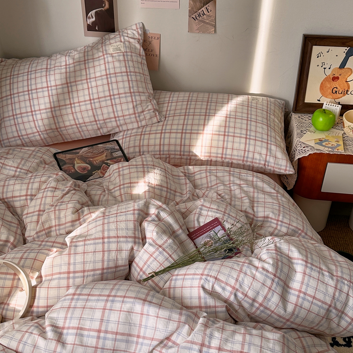 91家纺网 家纺一手货源 找家纺 艾咪-Amy ntmy 2026春夏新款布标格纹款全棉纯棉色织水洗棉四件套 布标款-悦粉