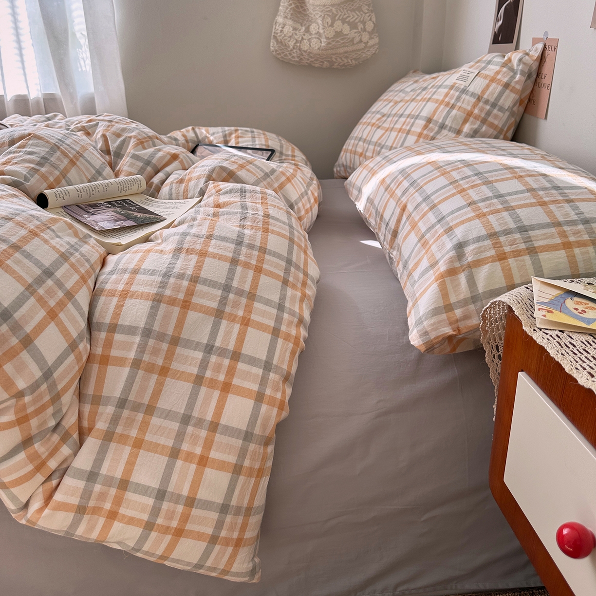 91家纺网 家纺一手货源 找家纺 艾咪-Amy ntmy 2026春夏新款布标格纹款全棉纯棉色织水洗棉四件套 布标款-暖调