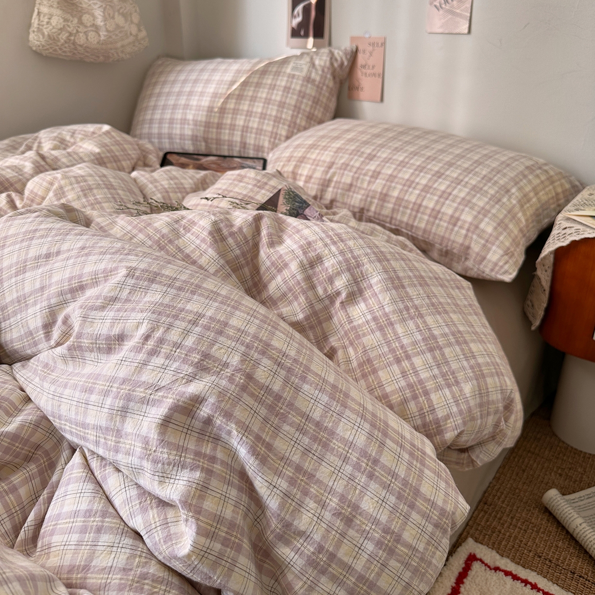 91家纺网 家纺一手货源 找家纺 艾咪-Amy ntmy 2026春夏新款布标格纹款全棉纯棉色织水洗棉四件套 布标款-浅野