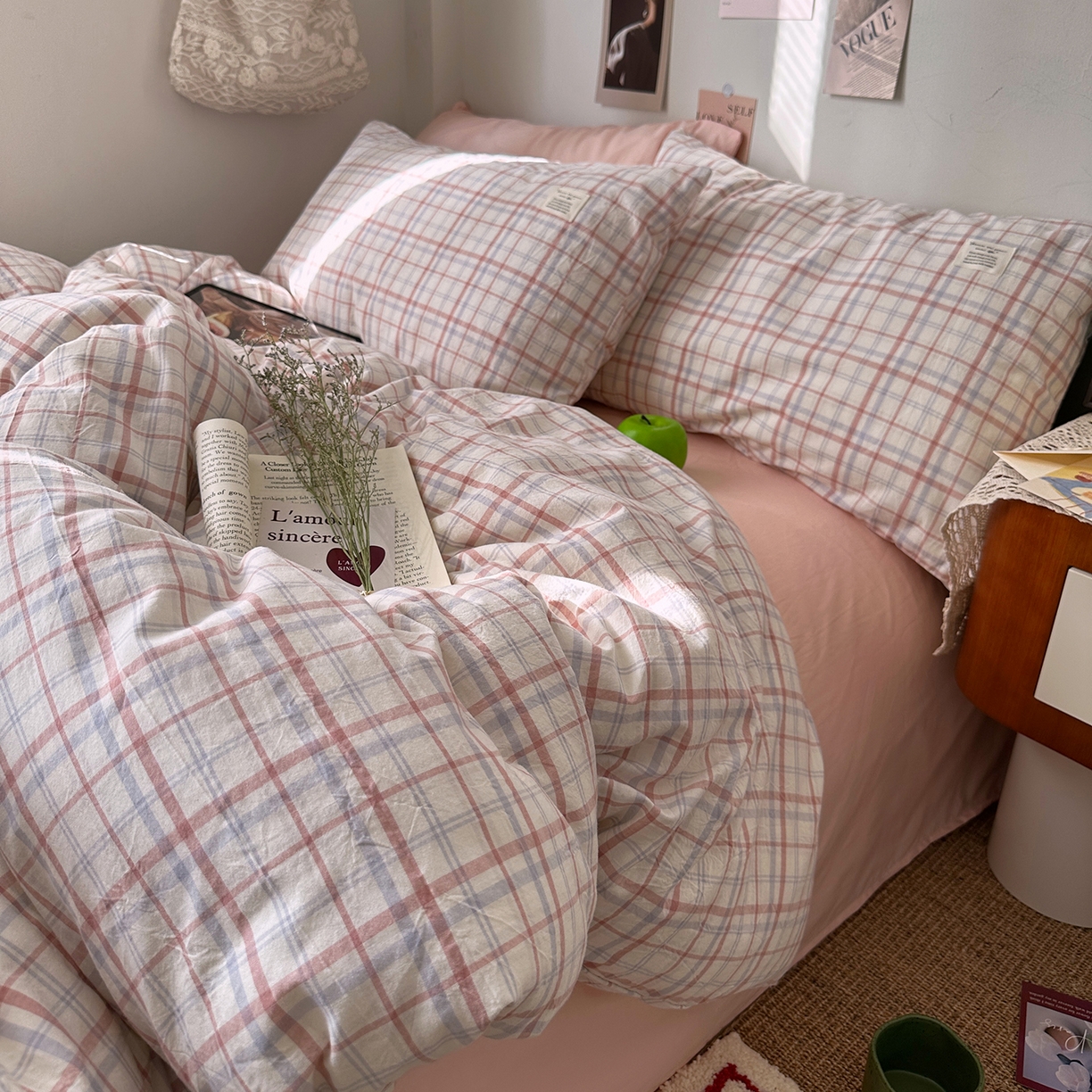 91家纺网 家纺一手货源 找家纺 艾咪-Amy ntmy 2026春夏新款布标格纹款全棉纯棉色织水洗棉四件套 布标款-悦粉