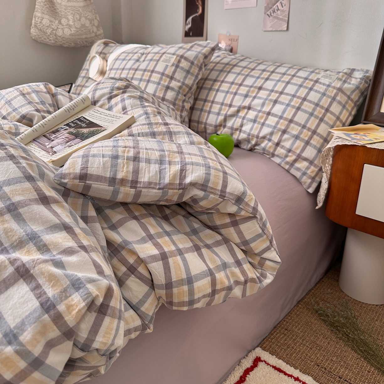 91家纺网 家纺一手货源 找家纺 艾咪-Amy ntmy 2026春夏新款布标格纹款全棉纯棉色织水洗棉四件套 布标款-暮紫