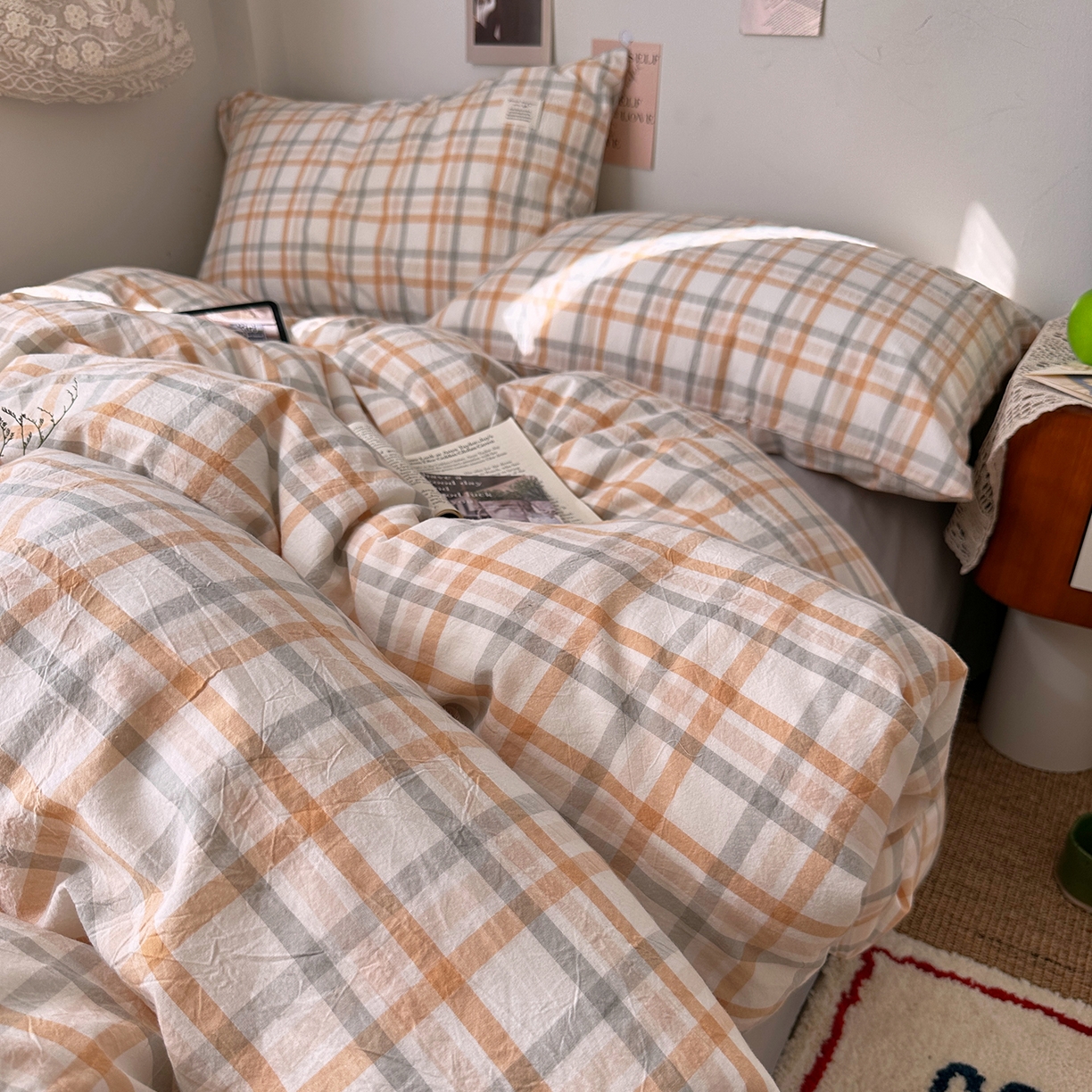 91家纺网 家纺一手货源 找家纺 艾咪-Amy ntmy 2026春夏新款布标格纹款全棉纯棉色织水洗棉四件套 布标款-暖调