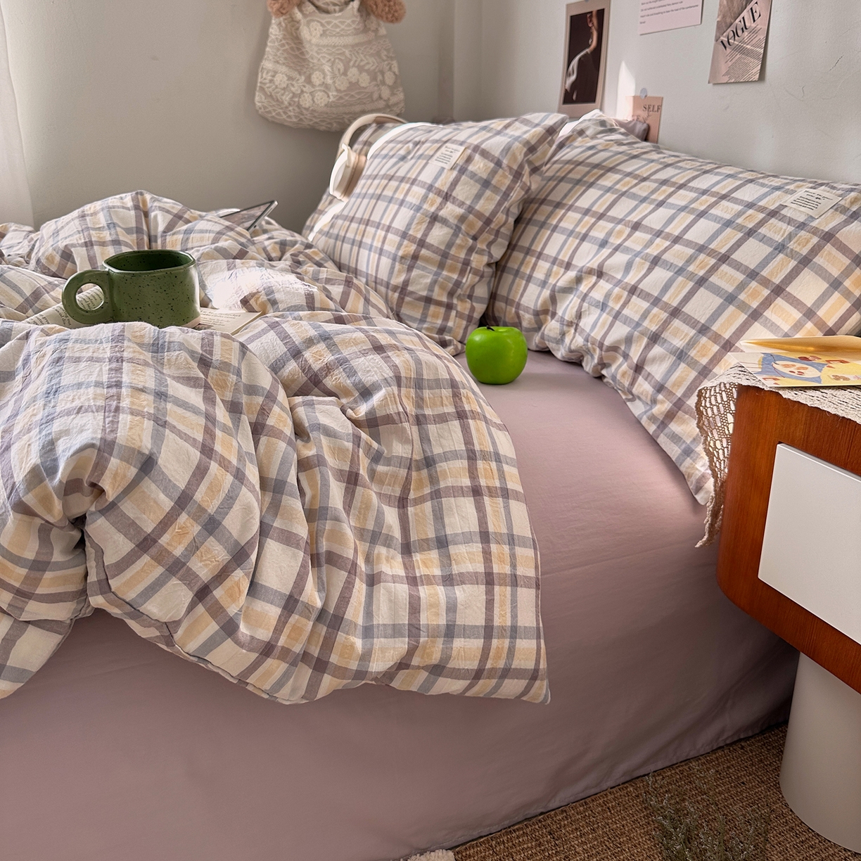 91家纺网 家纺一手货源 找家纺 艾咪-Amy ntmy 2026春夏新款布标格纹款全棉纯棉色织水洗棉四件套 布标款-暮紫