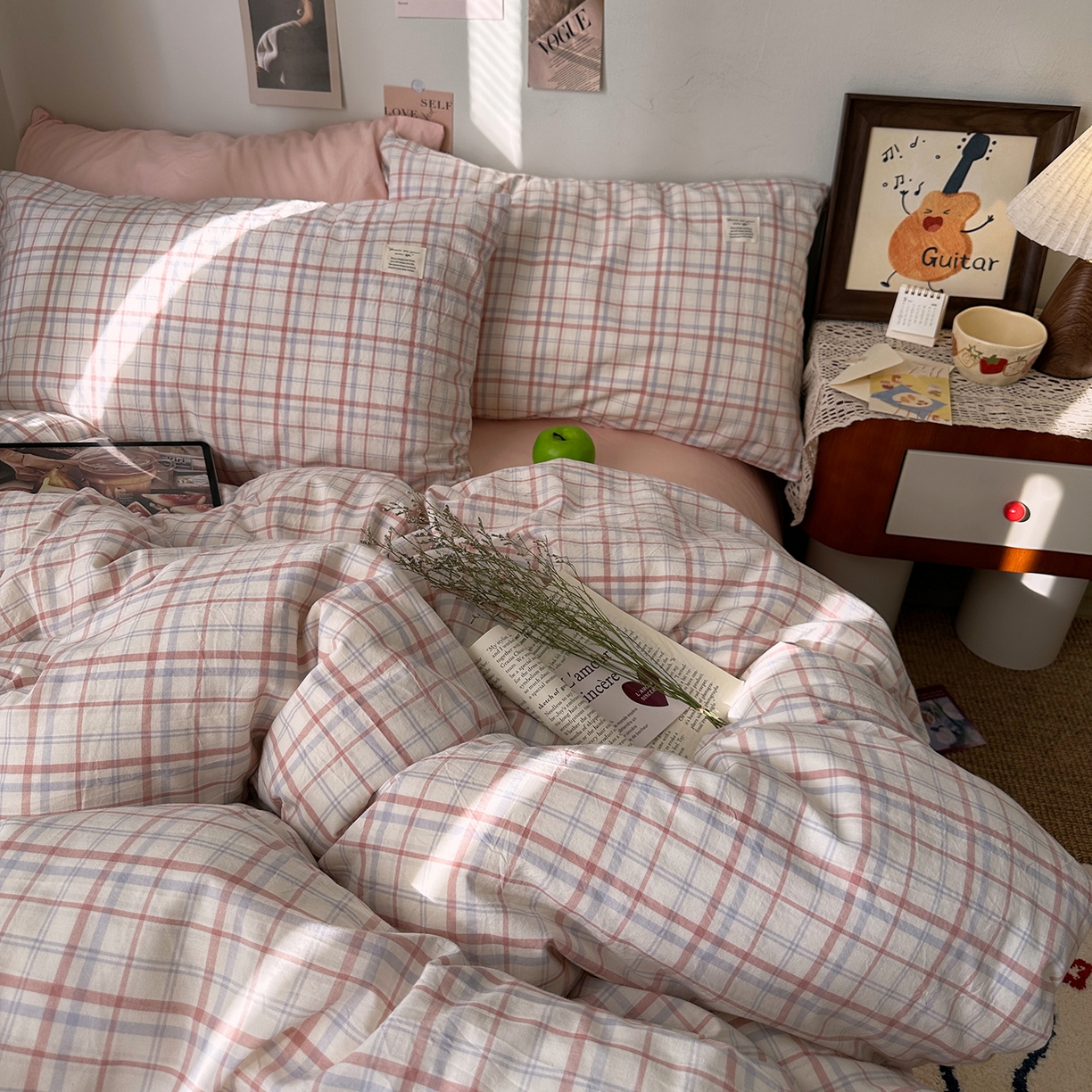 91家纺网 家纺一手货源 找家纺 艾咪-Amy ntmy 2026春夏新款布标格纹款全棉纯棉色织水洗棉四件套 布标款-悦粉