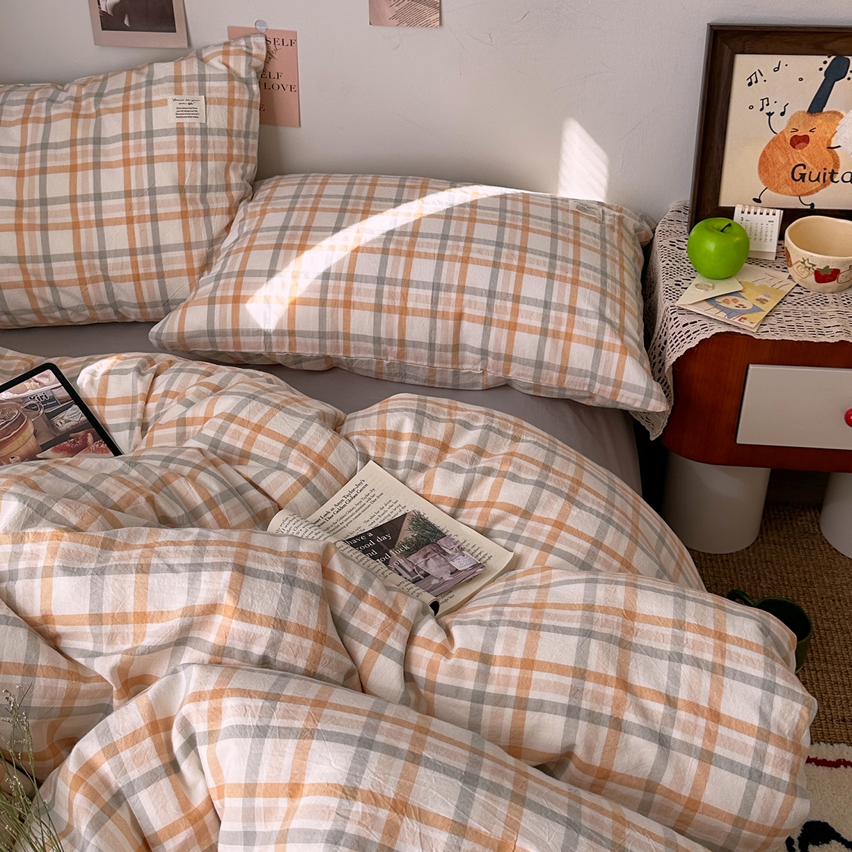 91家纺网 家纺一手货源 找家纺 艾咪-Amy ntmy 2026春夏新款布标格纹款全棉纯棉色织水洗棉四件套 布标款-暖调