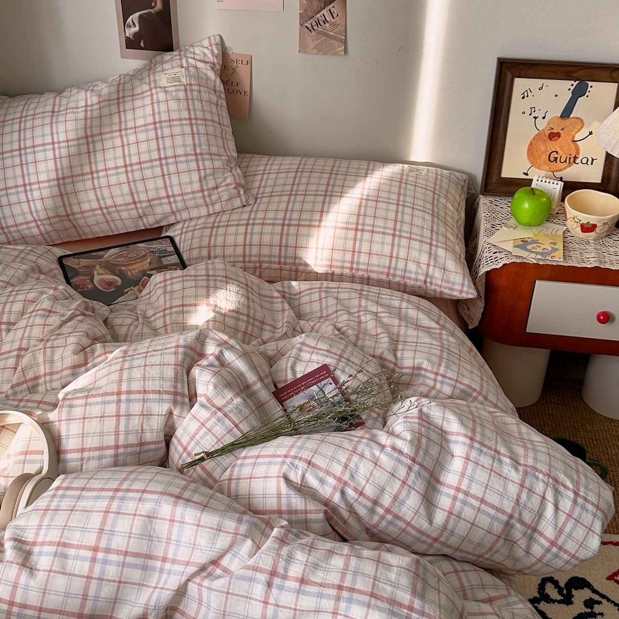 91家纺网 家纺一手货源 找家纺 艾咪-Amy ntmy 2026春夏新款布标格纹款全棉纯棉色织水洗棉四件套 布标款-悦粉