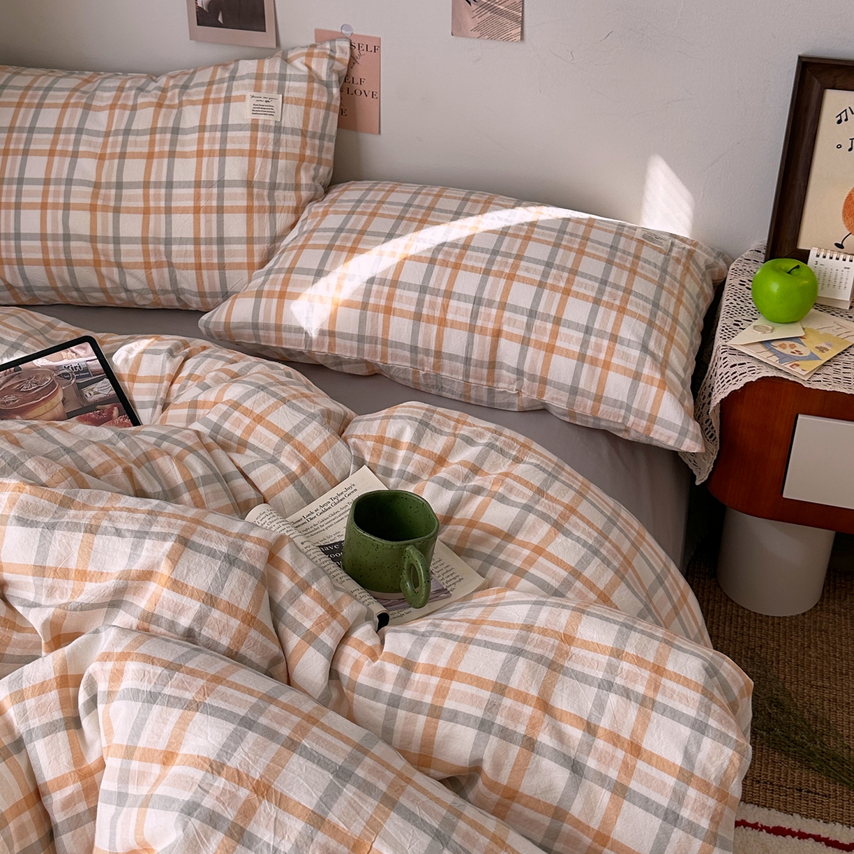 91家纺网 家纺一手货源 找家纺 艾咪-Amy ntmy 2026春夏新款布标格纹款全棉纯棉色织水洗棉四件套 布标款-暖调