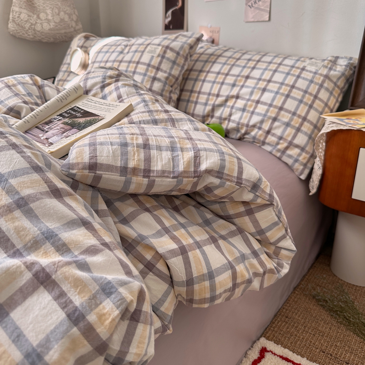 91家纺网 家纺一手货源 找家纺 艾咪-Amy ntmy 2026春夏新款布标格纹款全棉纯棉色织水洗棉四件套 布标款-暮紫