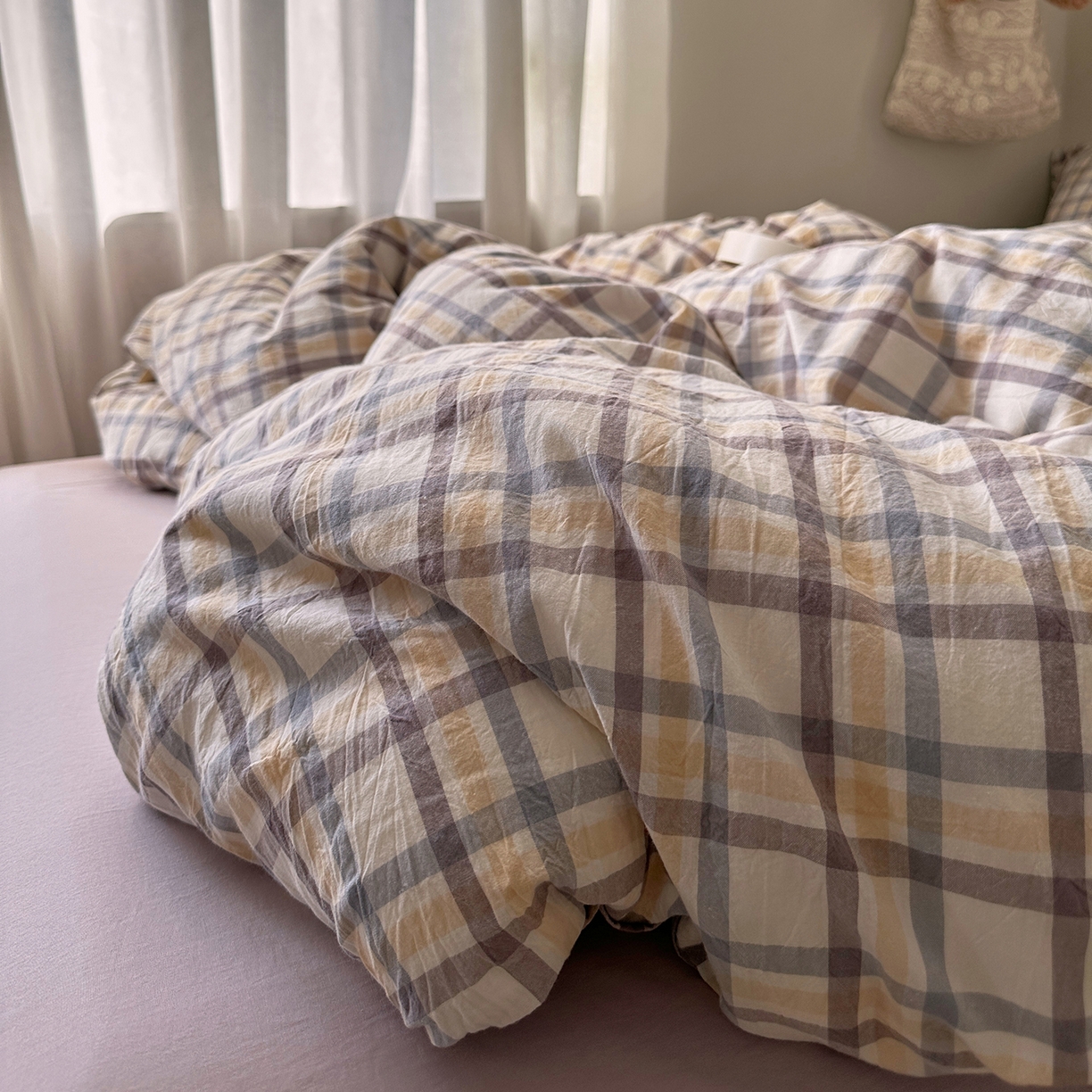 91家纺网 家纺一手货源 找家纺 艾咪-Amy ntmy 2026春夏新款布标格纹款全棉纯棉色织水洗棉四件套 布标款-暮紫