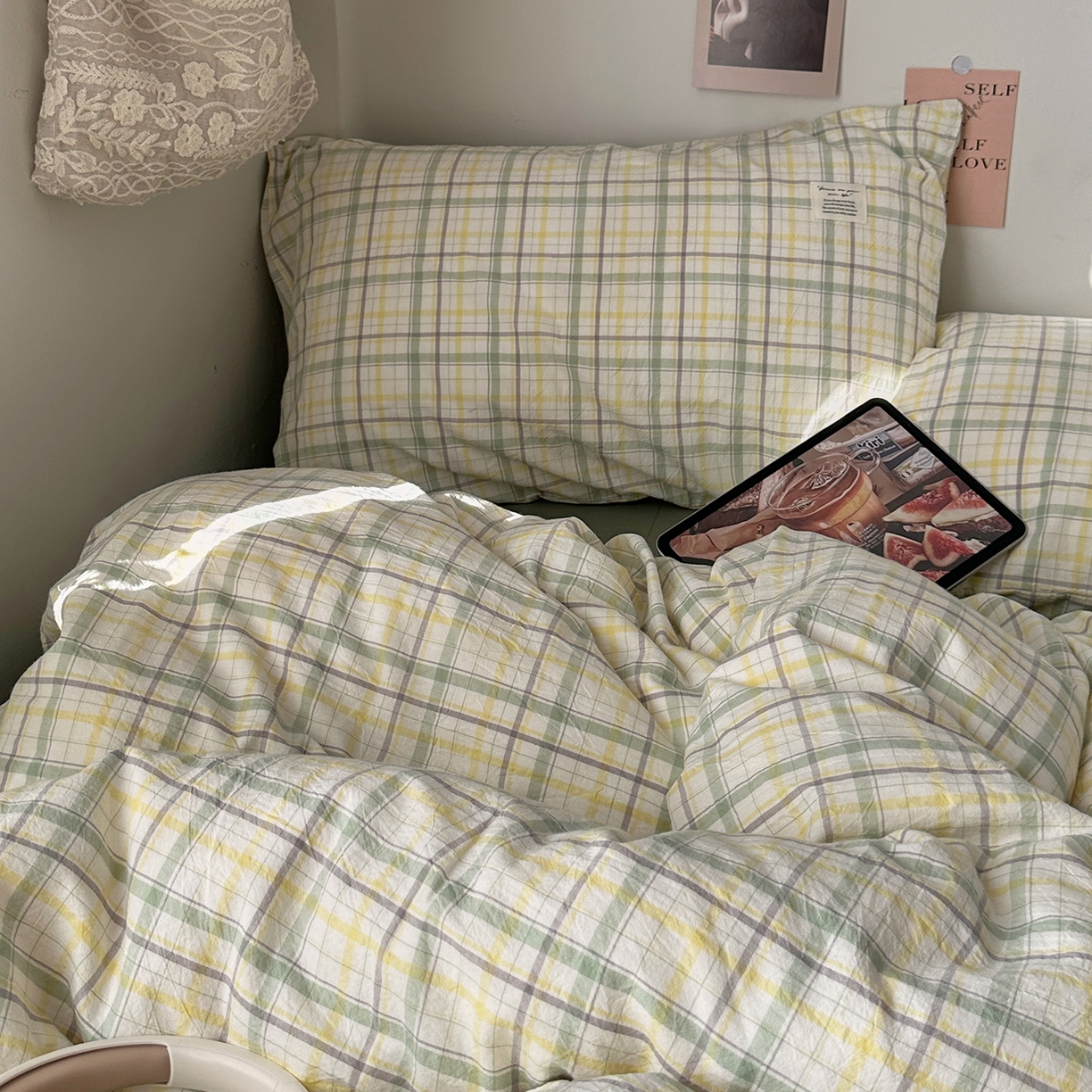 91家纺网 家纺一手货源 找家纺 艾咪-Amy ntmy 2026春夏新款布标格纹款全棉纯棉色织水洗棉四件套 布标款-森语