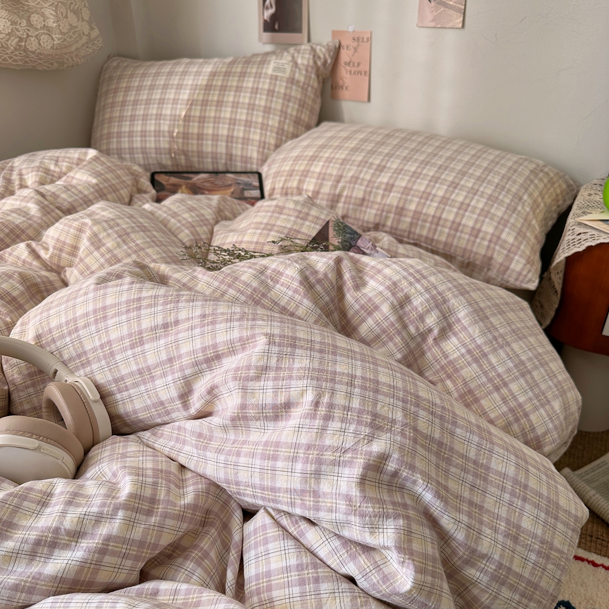 91家纺网 家纺一手货源 找家纺 艾咪-Amy ntmy 2026春夏新款布标格纹款全棉纯棉色织水洗棉四件套 布标款-浅野