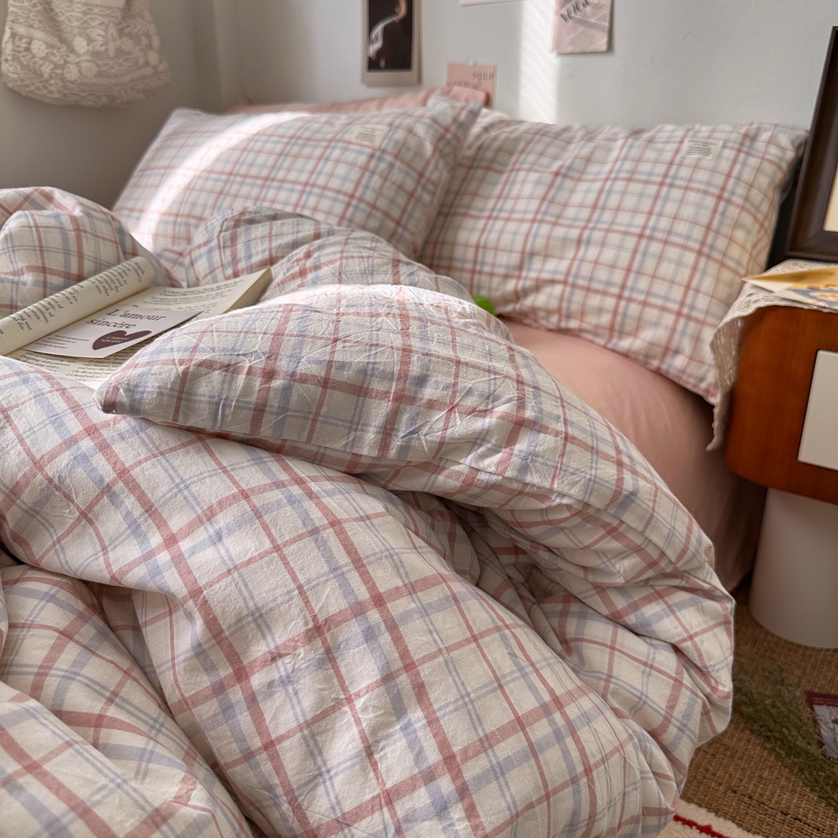 91家纺网 家纺一手货源 找家纺 艾咪-Amy ntmy 2026春夏新款布标格纹款全棉纯棉色织水洗棉四件套 布标款-悦粉