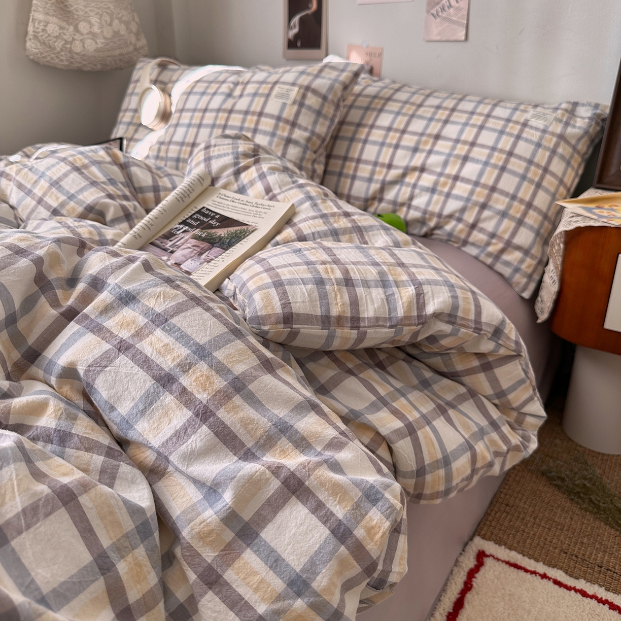 91家纺网 家纺一手货源 找家纺 艾咪-Amy ntmy 2026春夏新款布标格纹款全棉纯棉色织水洗棉四件套 布标款-暮紫