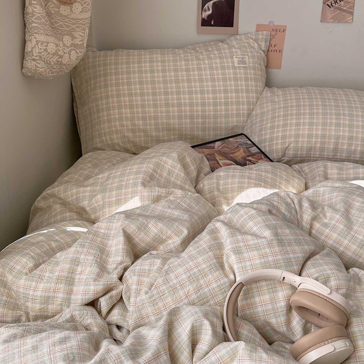 91家纺网 家纺一手货源 找家纺 艾咪-Amy ntmy 2026春夏新款布标格纹款全棉纯棉色织水洗棉四件套 布标款-浅序