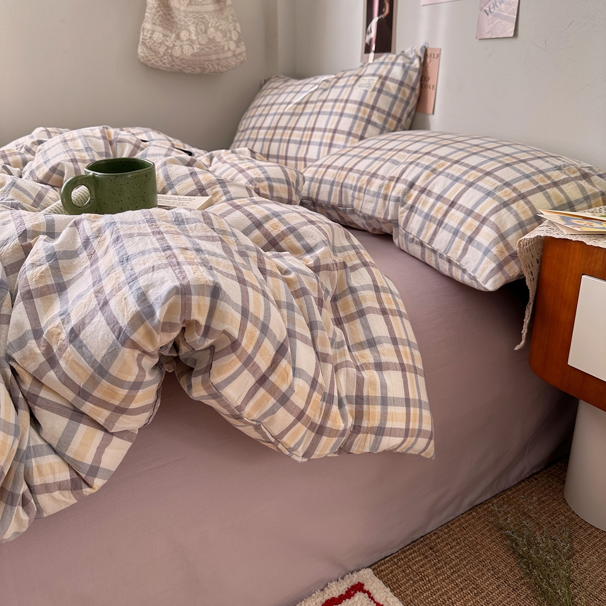 91家纺网 家纺一手货源 找家纺 艾咪-Amy ntmy 2026春夏新款布标格纹款全棉纯棉色织水洗棉四件套 布标款-暮紫