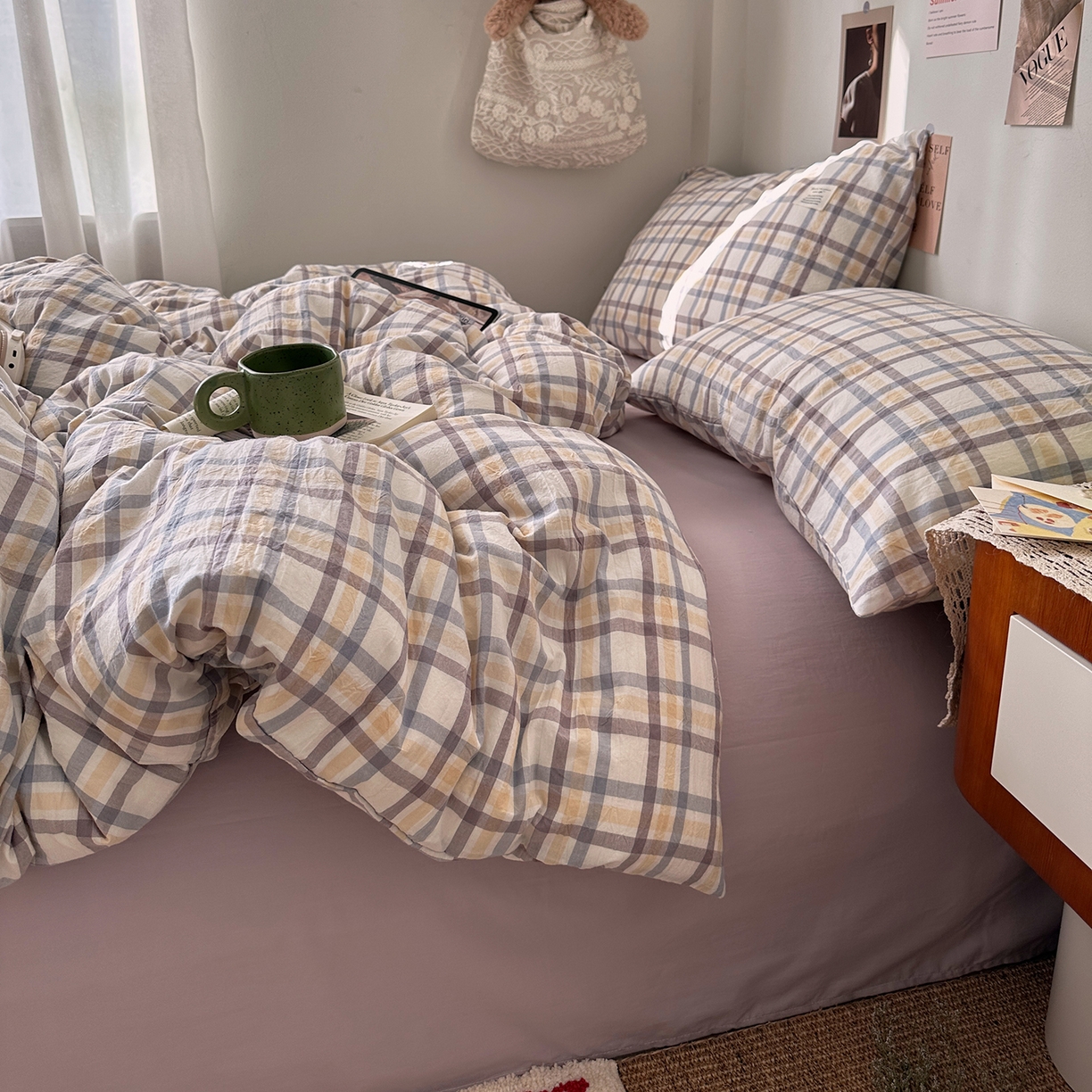 91家纺网 家纺一手货源 找家纺 艾咪-Amy ntmy 2026春夏新款布标格纹款全棉纯棉色织水洗棉四件套 布标款-暮紫