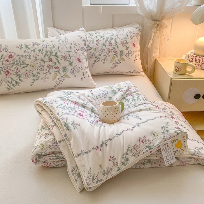 恋之巢家纺 2026新款四季款可水洗牛奶丝针织棉夏被大豆夏凉被空调被可机洗薄被子被芯直播外贸专供大豆被夏被 花枝蔓-粉-软糯