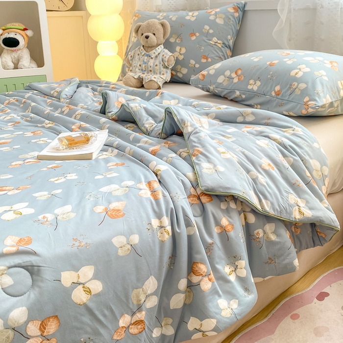 91家纺网 家纺一手货源 找家纺 恋之巢家纺 2026新款四季款可水洗牛奶丝针织棉夏被大豆夏凉被空调被可机洗薄被子被芯直播外贸专供大豆被夏被 叶子 兰-软糯款