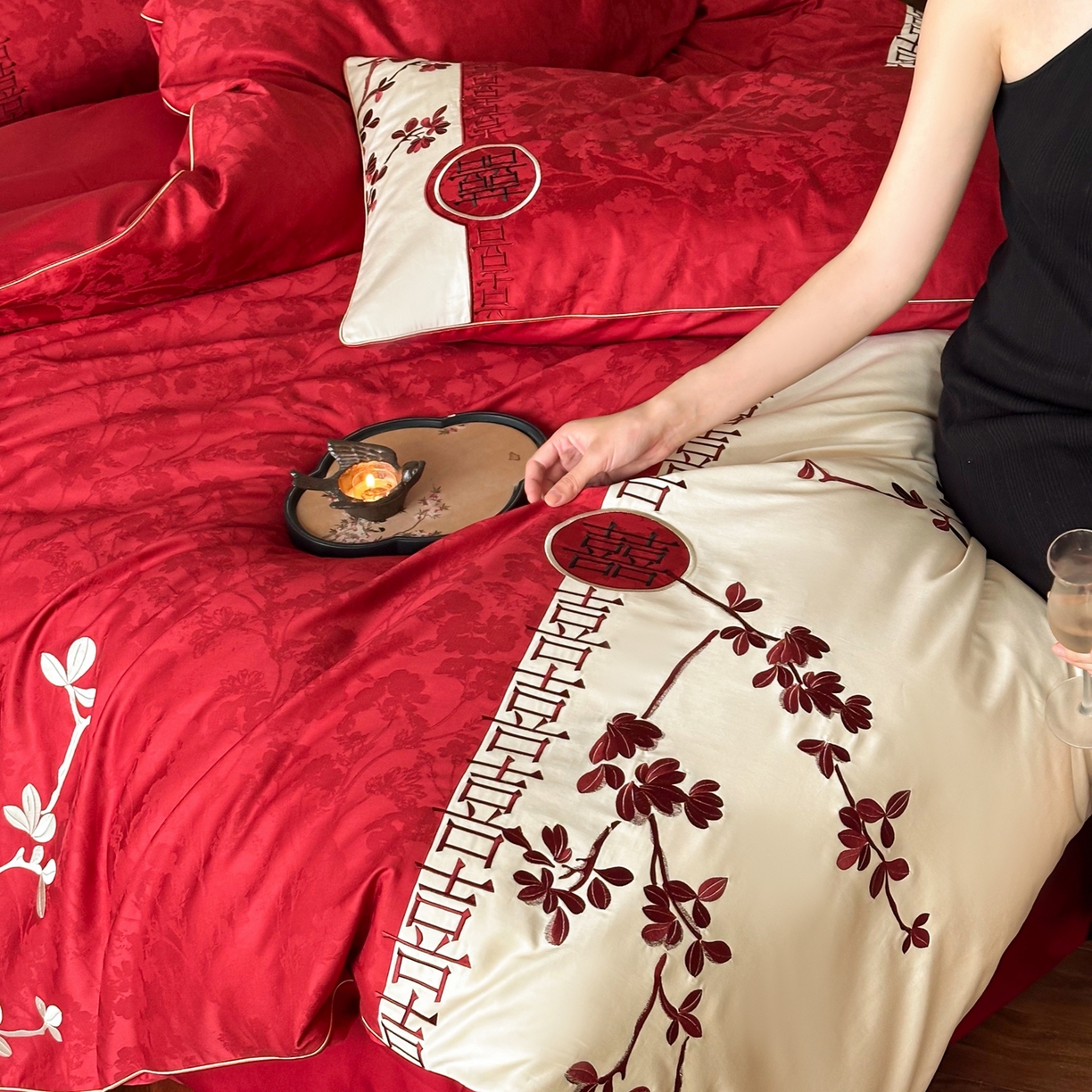 91家纺网 家纺一手货源 找家纺 （总）西西家居 2026新款100S长绒棉纯棉婚庆四件套-花田喜事