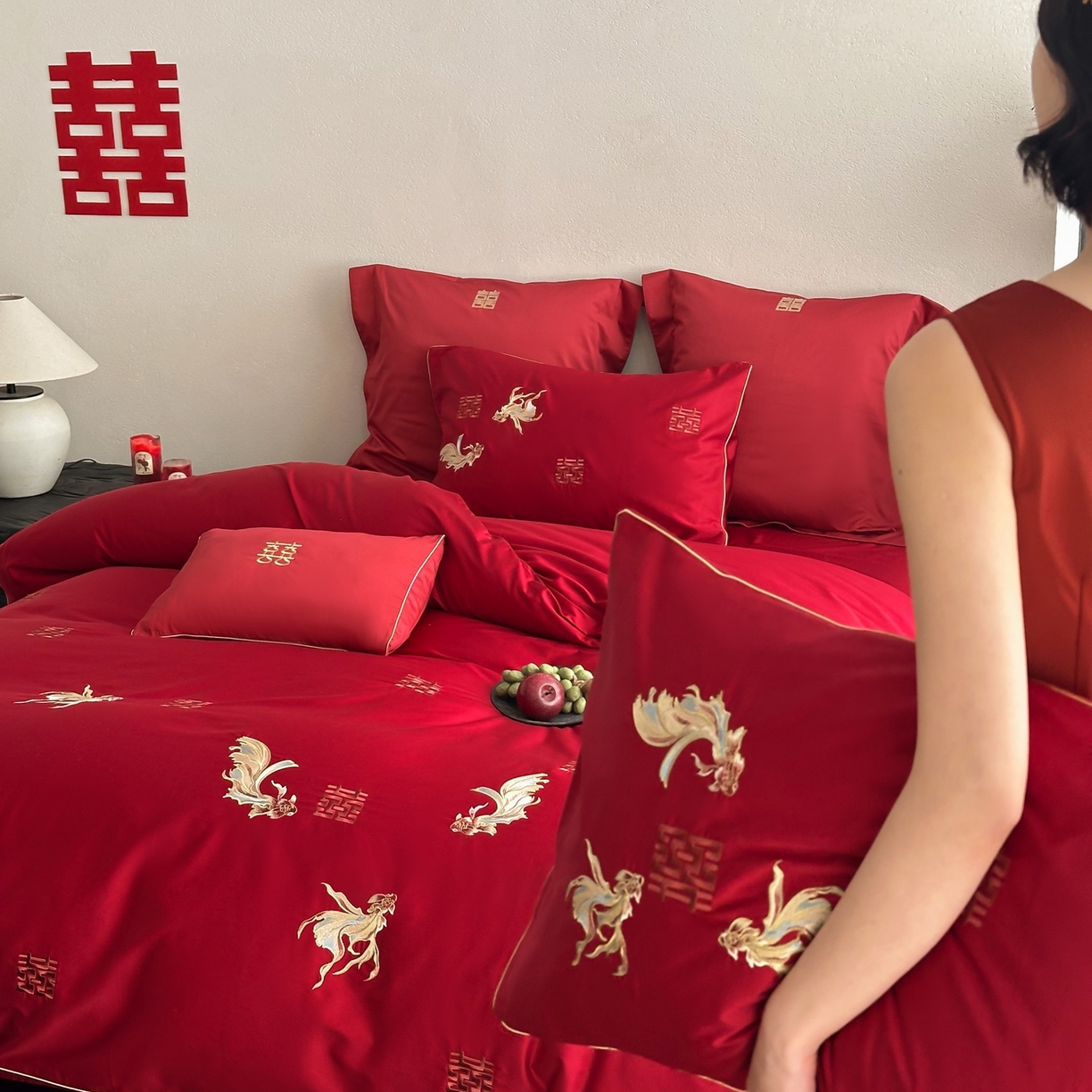 91家纺网 家纺一手货源 找家纺 （总）西西家居 2026新款100S长绒棉纯棉婚庆四件套-年年有鱼