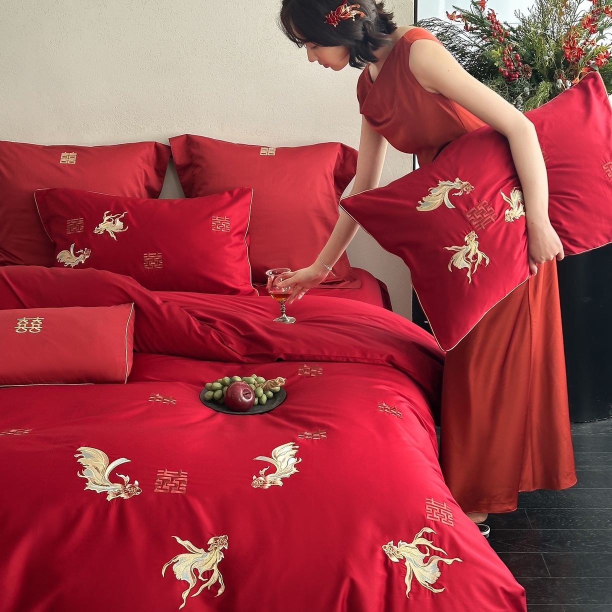 91家纺网 家纺一手货源 找家纺 （总）西西家居 2026新款100S长绒棉纯棉婚庆四件套-年年有鱼