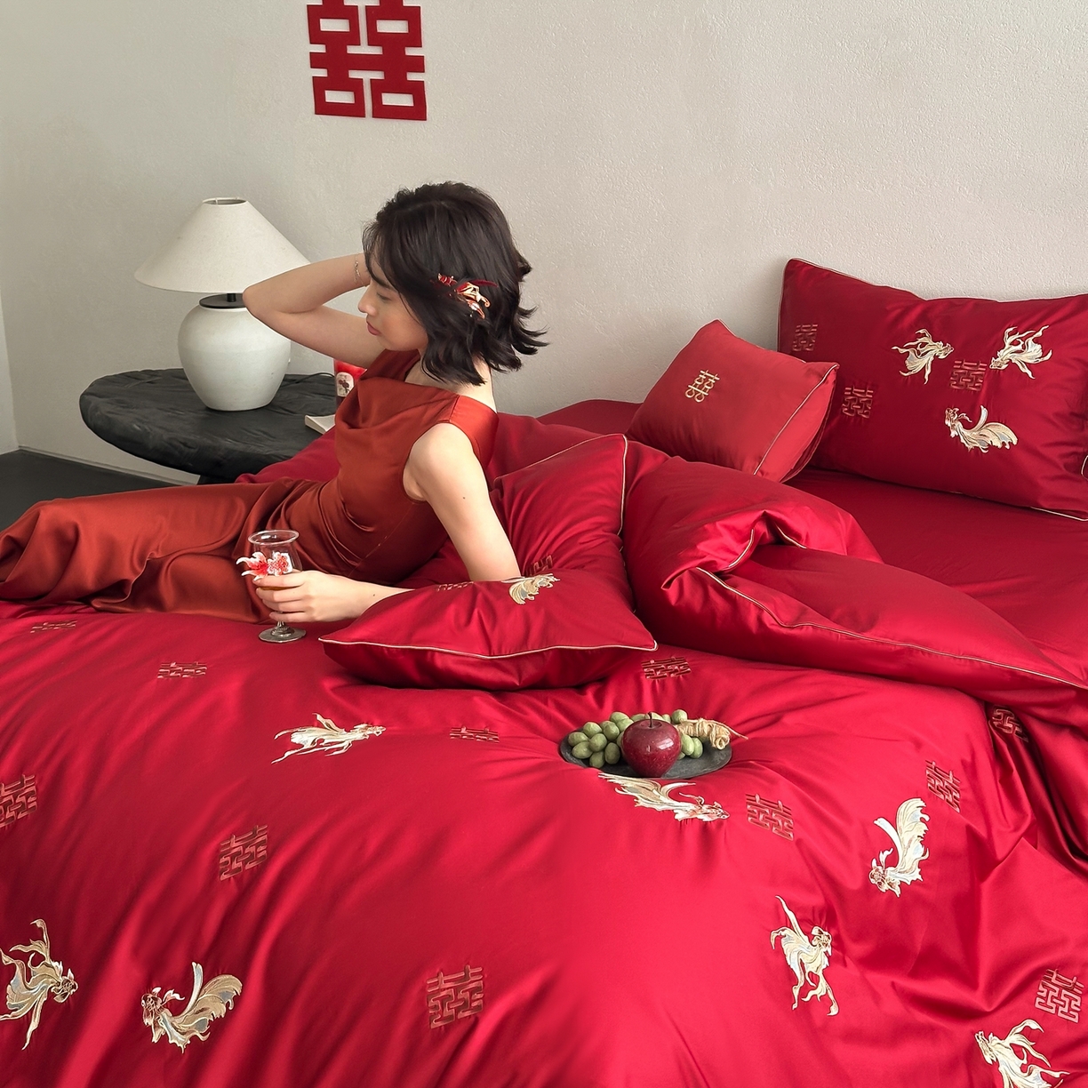 91家纺网 家纺一手货源 找家纺 （总）西西家居 2026新款100S长绒棉纯棉婚庆四件套-年年有鱼