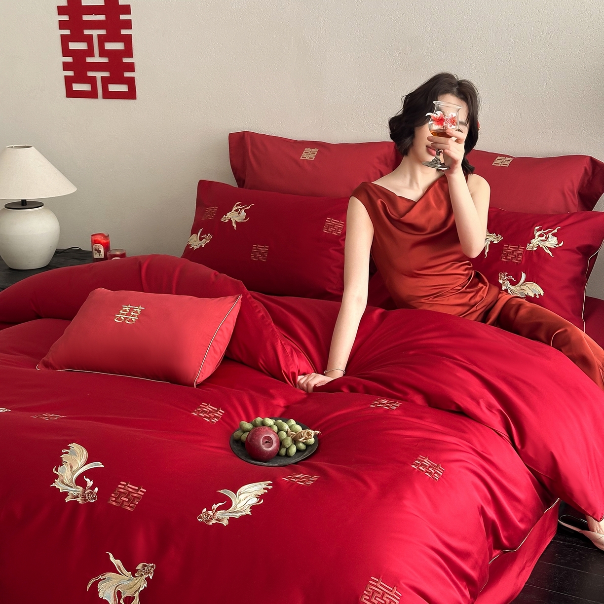 91家纺网 家纺一手货源 找家纺 （总）西西家居 2026新款100S长绒棉纯棉婚庆四件套-年年有鱼