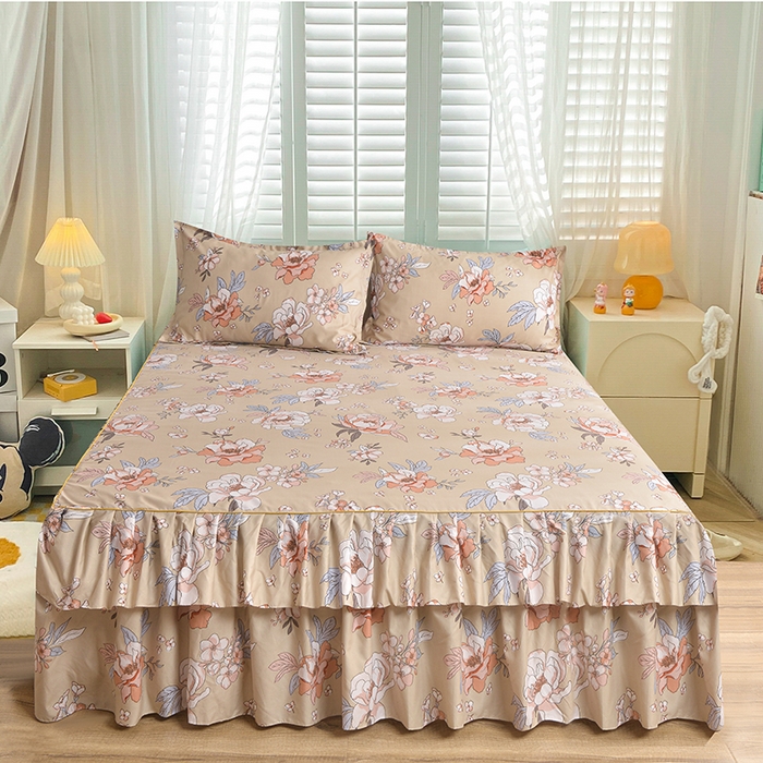 91家纺网 家纺一手货源 找家纺 小雨家纺 2026年跨境电商芦荟棉床裙床罩三件套单品 楚楚动人棕